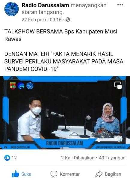 Talkshow Radio Darussalam dengan tema Fakta Menarik Survei Perilaku Masyarakat Masa Pandemi COVID-19